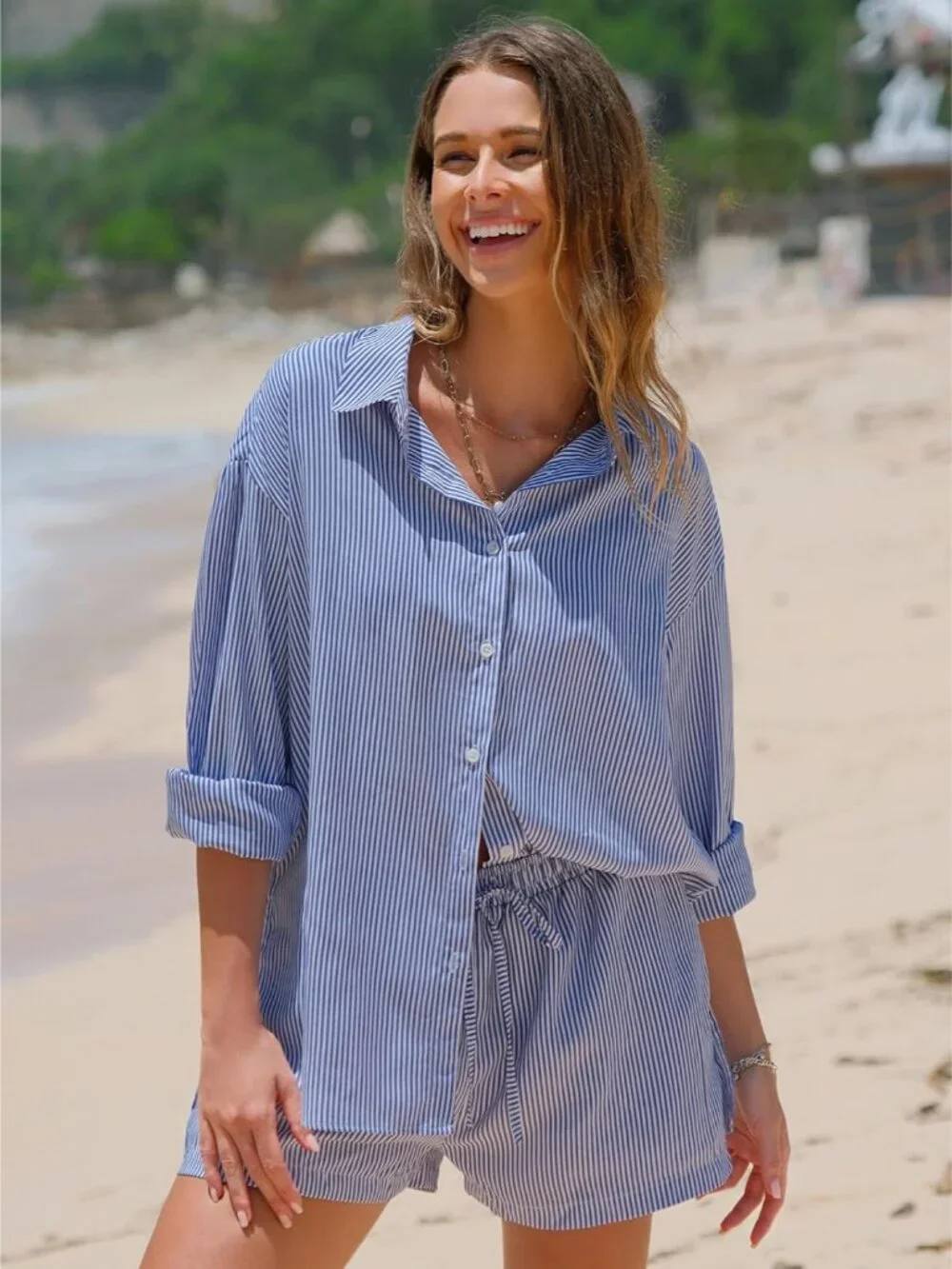 Women's Cotton Summer 2 Piece Sets Long Sleeve Button Down Shirts Matching Short